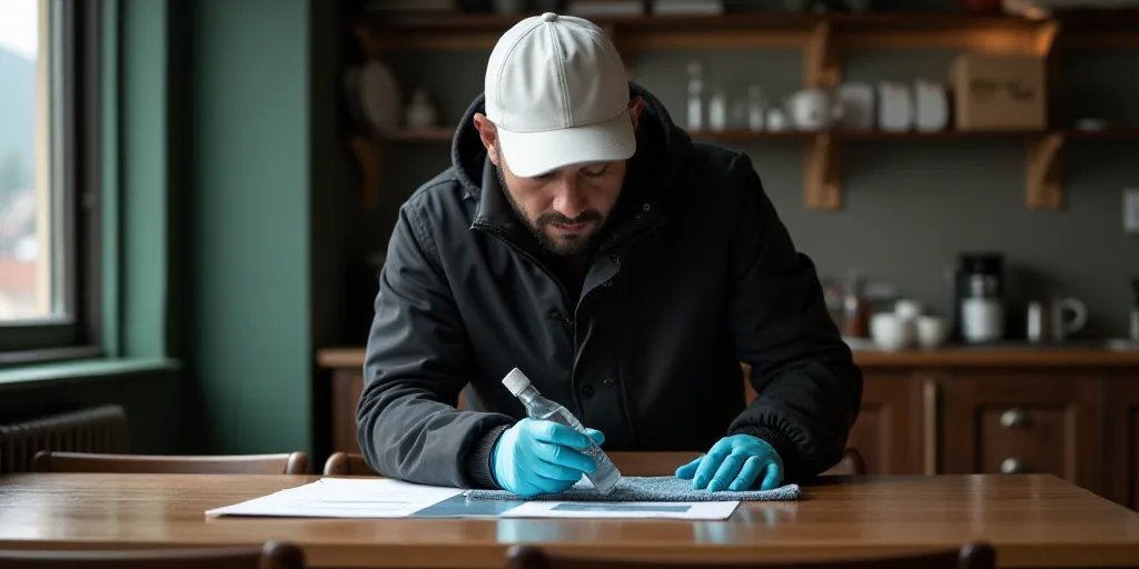 a man in a black jacket and a white hat is cleaning a table with a bottle of water and a blue towel,
