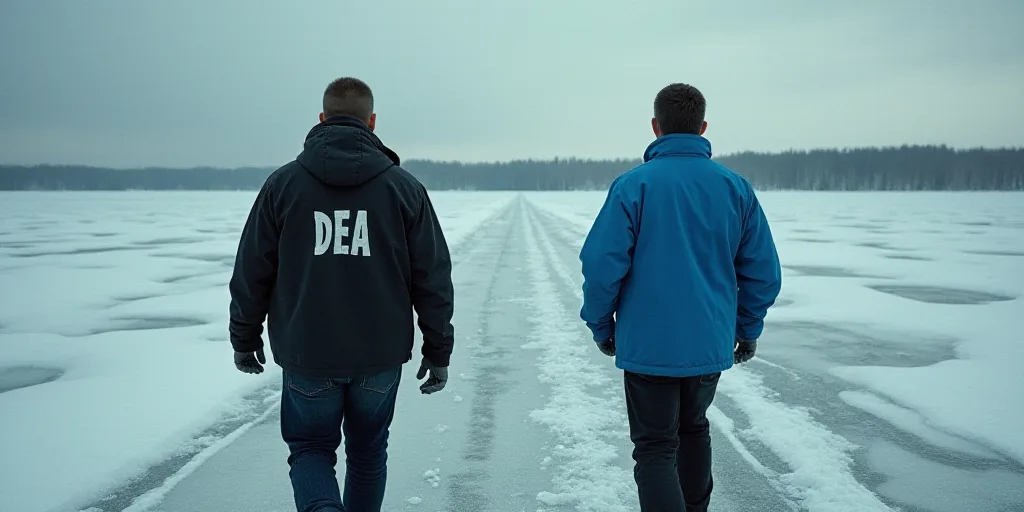 a man in a black jacket with the word dea on it is walking towards another man in a blue shirt, Elai