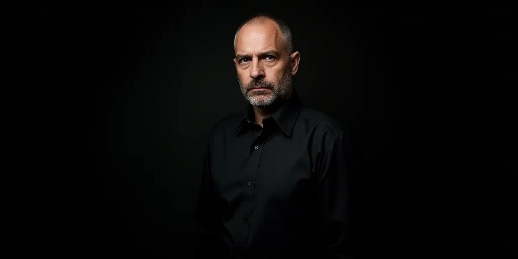 a man in a black shirt and tie looking at the camera with a serious look on his face and a black bac
