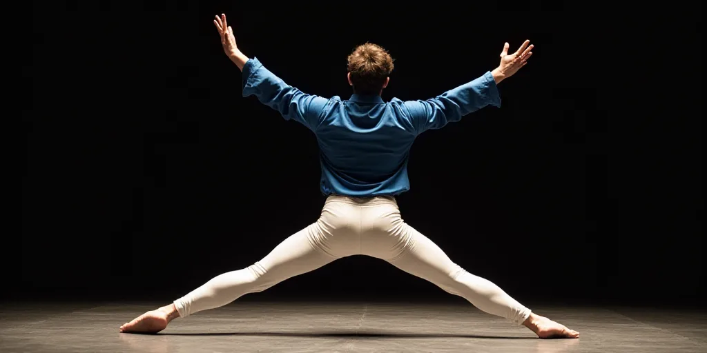 a man in a blue jacket and white pants is standing on a stage with his arms outstretched and his leg