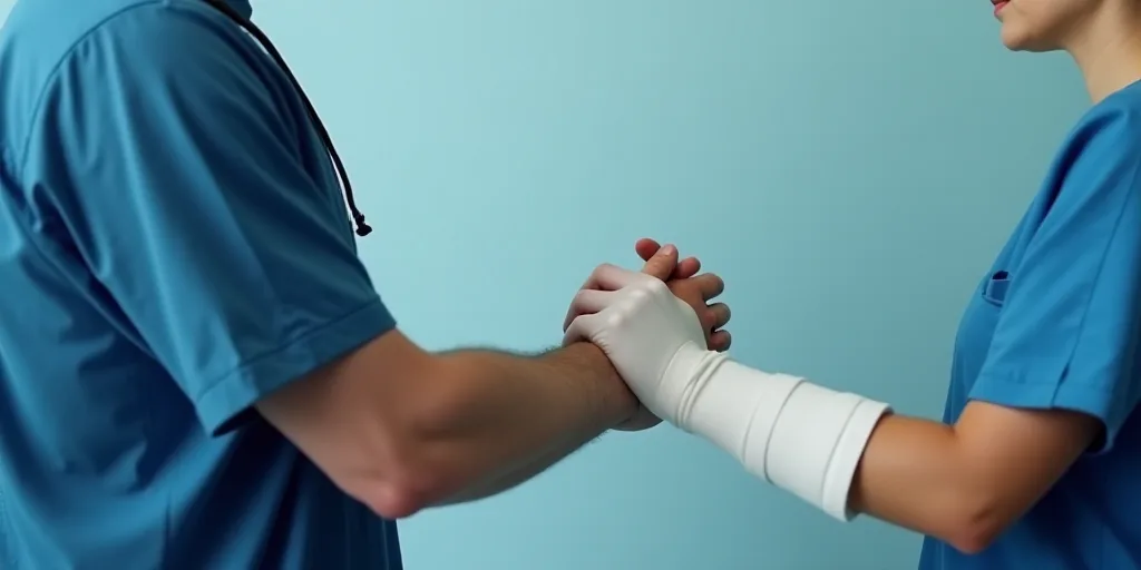 a man in a blue scrub suit holding the hand of a woman in a white cast on her arm, Anne Rigney, cybe