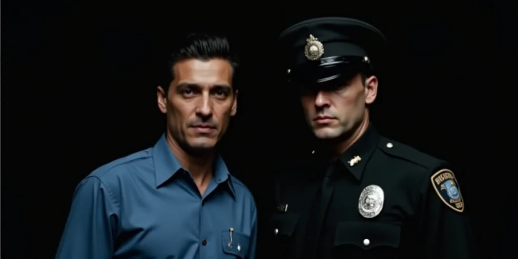 a man in a blue shirt and a police officer in a black shirt and a black helmet on a dark background,