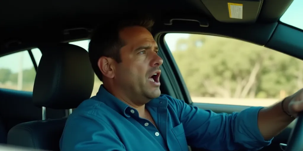 a man in a blue shirt is sitting in a car and looking out the window with a surprised look on his fa