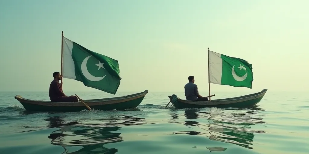 a man in a boat with a pakistan flag on the back of it and another man in a boat with a pakistan fla