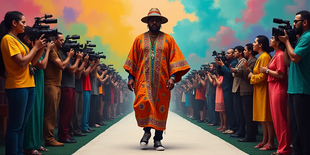 a man in a colorful ponchot walks down a runway with cameras around him and a large crowd of people