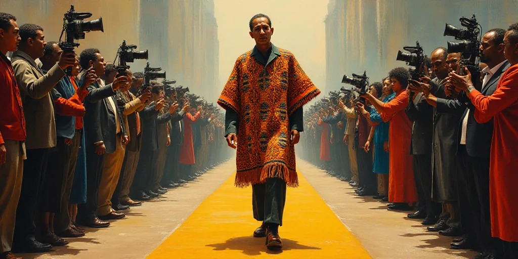 a man in a colorful ponchot walks down a runway with cameras around him and a large crowd of people