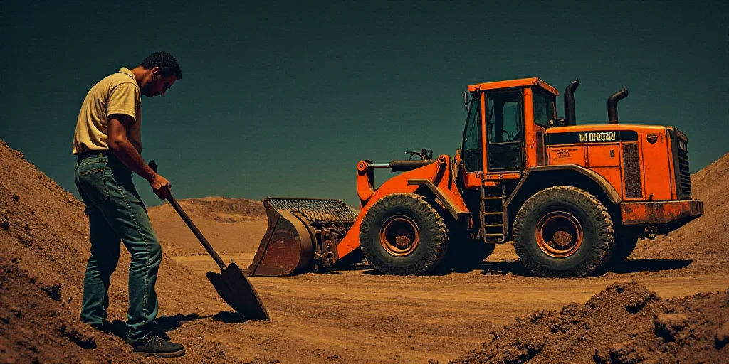 a man in a construction site with a shovel and a bulldozer in the background at night time, David Al
