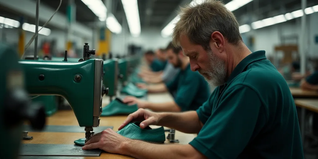 a man in a factory working on shoes with a machine in the background and people in the background wo