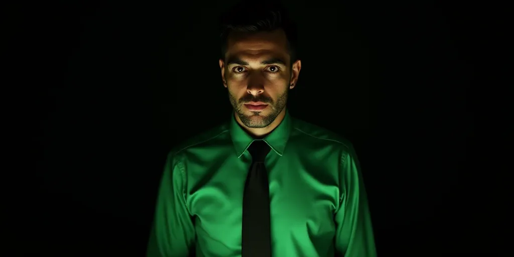 a man in a green shirt and tie looking at the camera with a dark background and a black background,