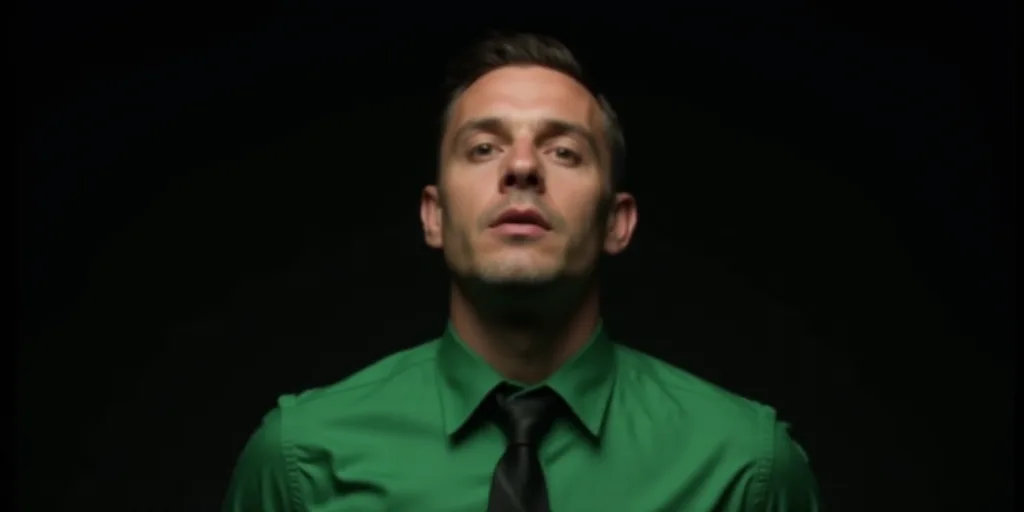 a man in a green shirt and tie looking at the camera with a dark background and a black background,