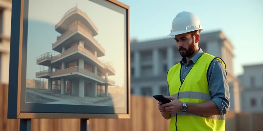 a man in a hard hat and safety vest holding a cell phone in front of a sign with a picture of a buil