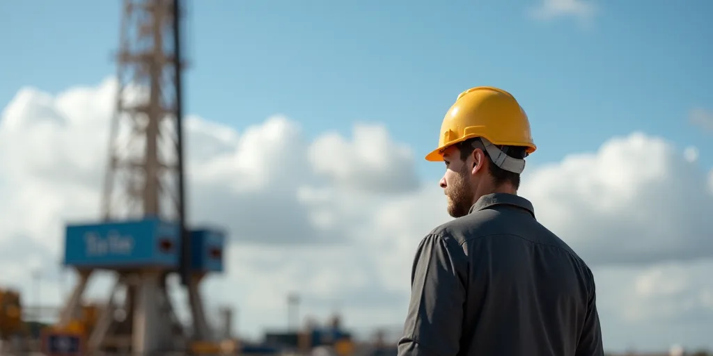 a man in a hard hat standing in front of a drilling rig with a sky background and clouds in the back