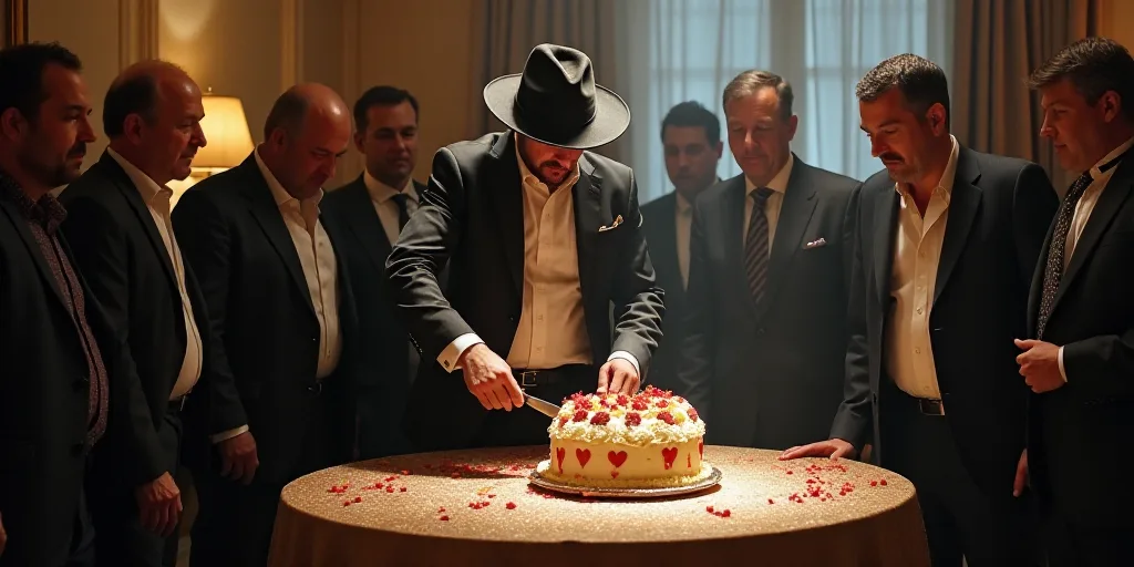 a man in a hat is cutting a cake with a knife and other people are standing around him and looking o