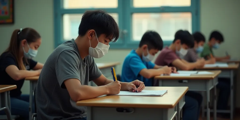 a man in a mask is writing in a classroom with other students sitting at desks and wearing masks, Ca