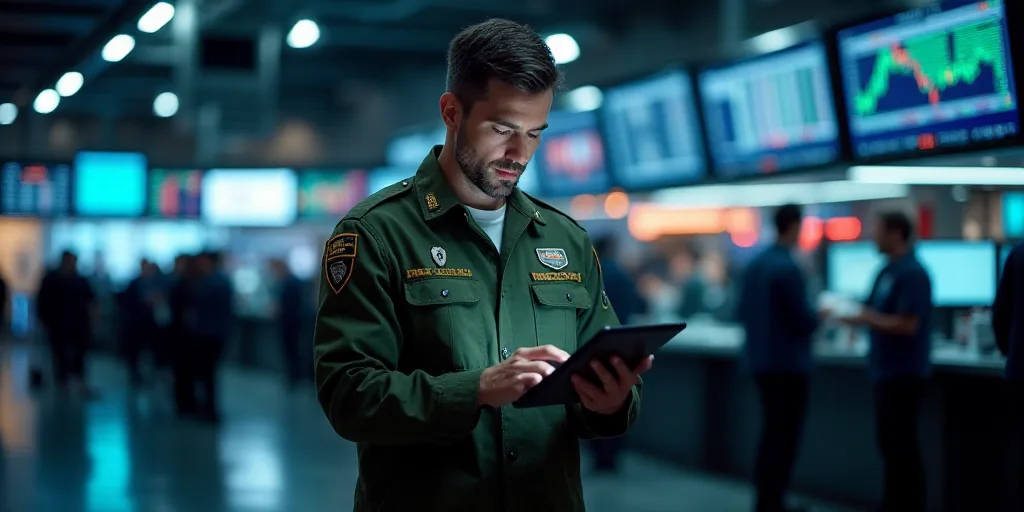 a man in a military uniform is looking at a tablet in a stock market with other people in the backgr