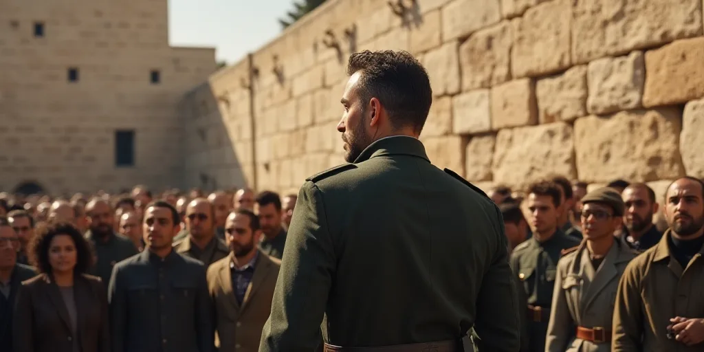 a man in a military uniform standing in front of a crowd of people in front of a stone wall, Edward