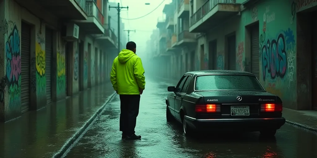 a man in a neon green jacket standing next to a car in a flooded street with graffiti on the walls,