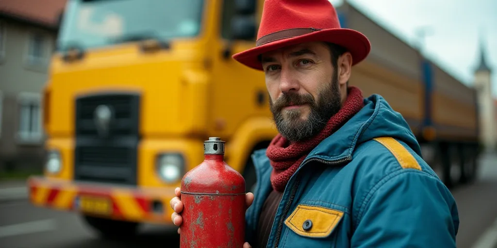a man in a red hat and a blue jacket is holding a red and yellow object in front of a yellow truck,
