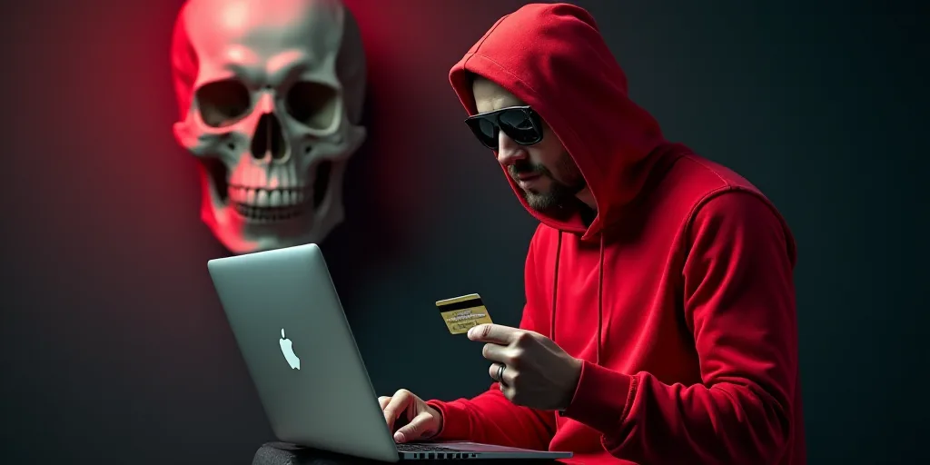 a man in a red hoodie holding a laptop and a credit card in his hands and a skull on the background,