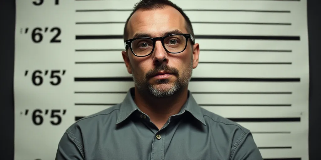a man in a shirt and glasses is mugging for a mug shot in front of a mugshot, Andrew Stevovich, prom