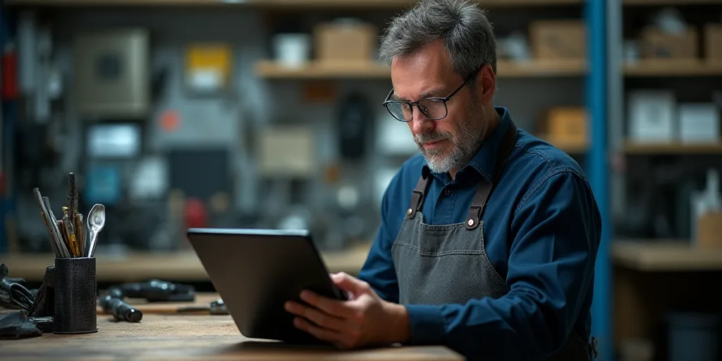 a man in a shop looking at a tablet computer and holding a tool in his hands and looking at the scre