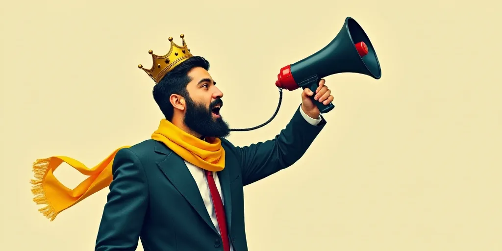 a man in a suit and crown holding a megaphone and a yellow scarf around his neck and a yellow ribbon