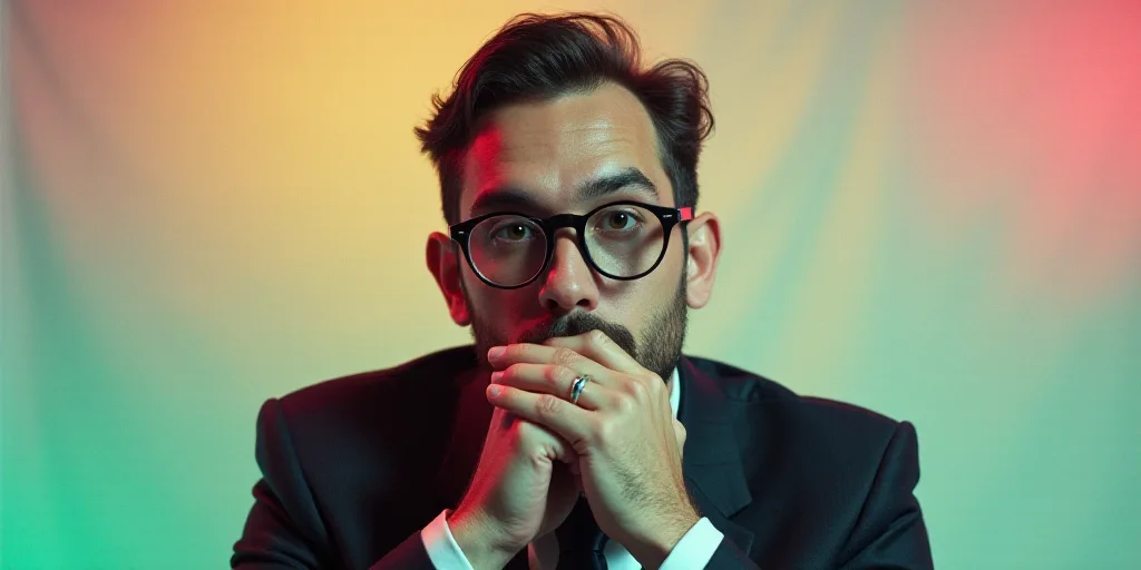 a man in a suit and glasses is posing for a picture with his hands on his chins and his chin resting