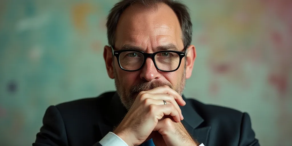 a man in a suit and glasses is posing for a picture with his hands on his chins and his chin resting