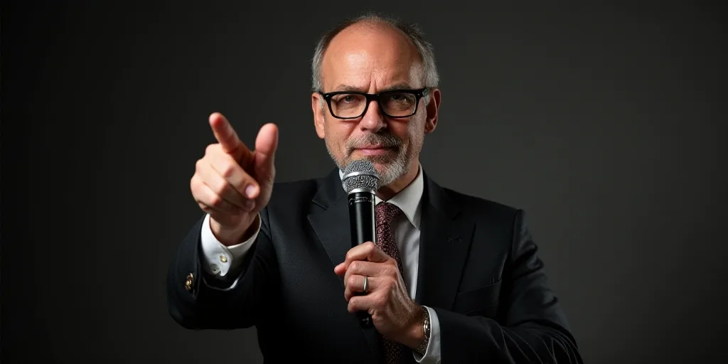 a man in a suit and glasses is holding a microphone and pointing at the camera with his right hand,