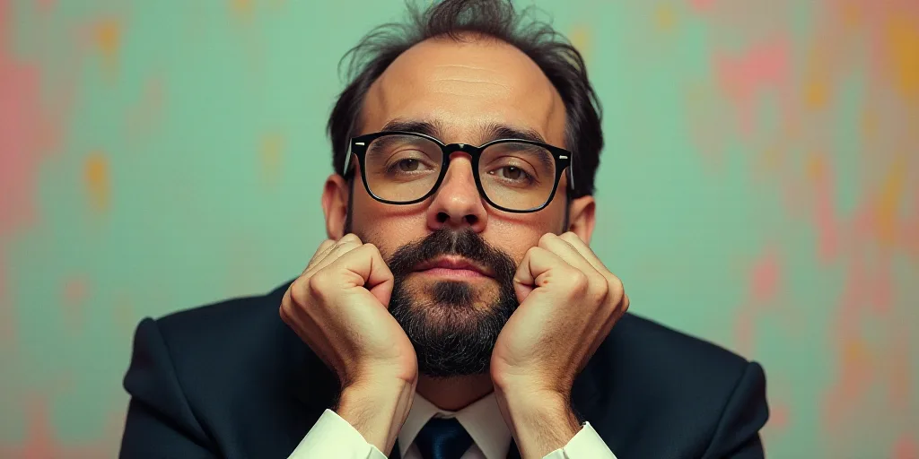 a man in a suit and glasses is posing for a picture with his hands on his chins and his chin resting