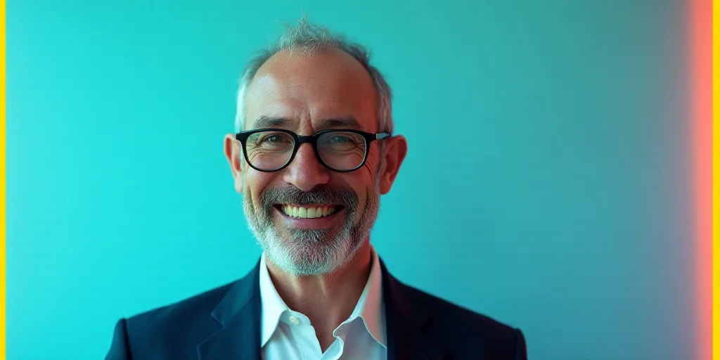 a man in a suit and glasses is smiling for the camera with a blue background and a yellow border, Ed