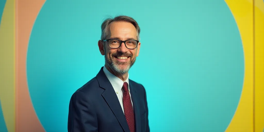 a man in a suit and glasses is smiling for the camera with a blue background and a yellow border, Ed