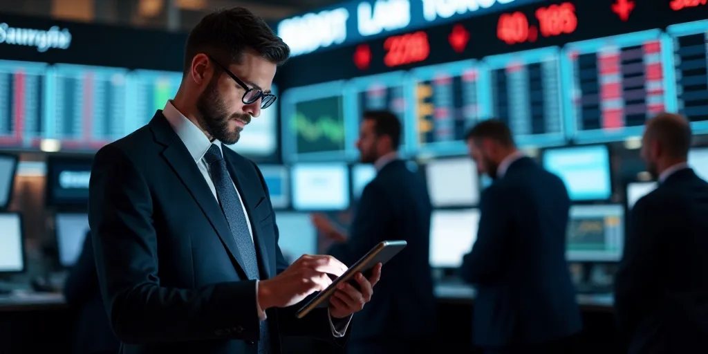 a man in a suit and glasses looking at a tablet computer in a stock market with other men in the bac