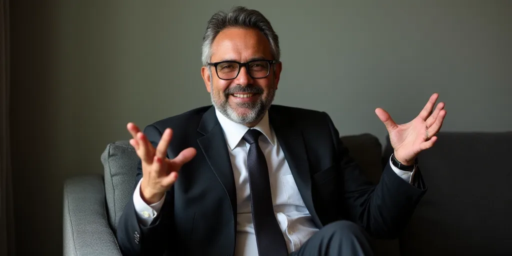 a man in a suit and glasses sitting on a couch with his hands out and smiling at the camera, Carlos
