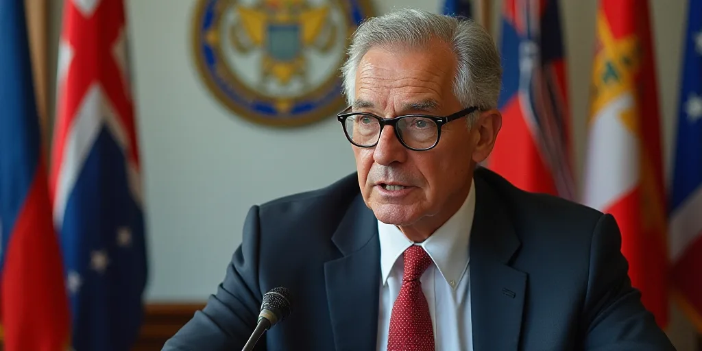 a man in a suit and glasses sitting in front of a sign with flags behind him and a microphone, Danie