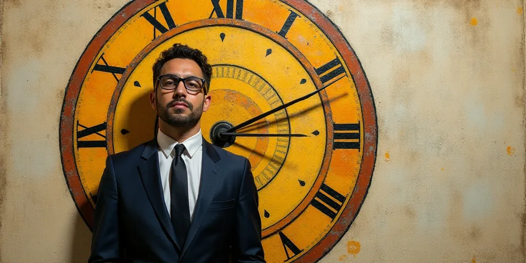 a man in a suit and glasses standing in front of a wall with circles and lines on it and a clock beh