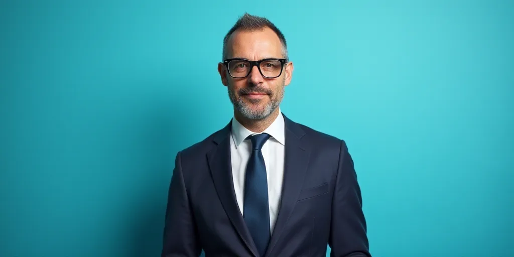 a man in a suit and glasses standing in front of a blue background with a black and white photo, Est