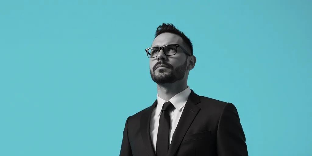 a man in a suit and glasses standing in front of a blue background with a black and white photo, Est