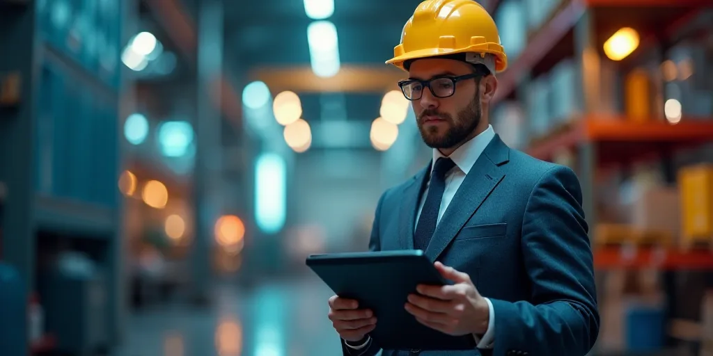 a man in a suit and hard hat standing in a factory with a tablet computer in his hand and a colorful