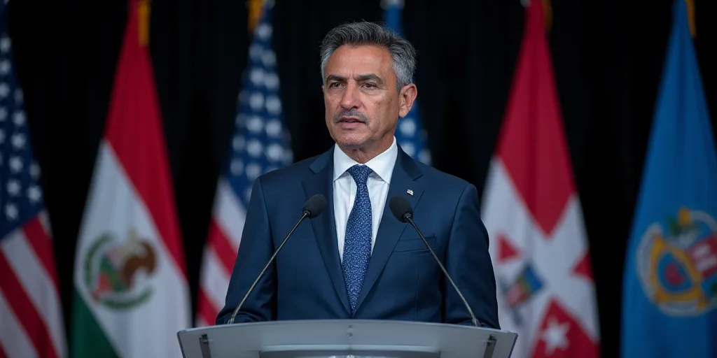 a man in a suit and tie giving a speech at a podium with flags behind him and a microphone in front