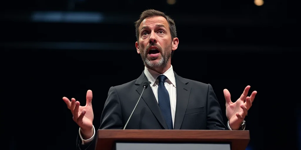 a man in a suit and tie giving a speech at a podium with his hands out and his mouth open, Didier Mo