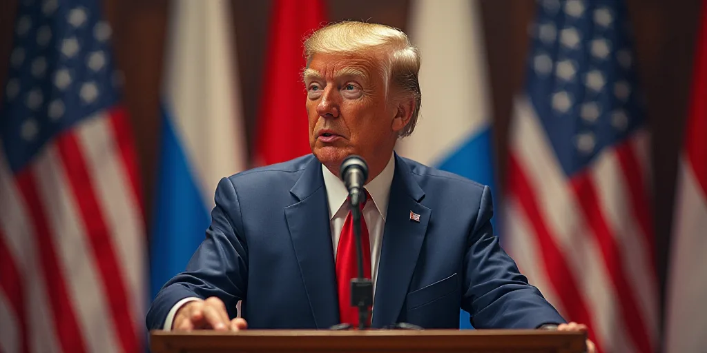 a man in a suit and tie giving a speech at a podium with flags behind him and a microphone in front