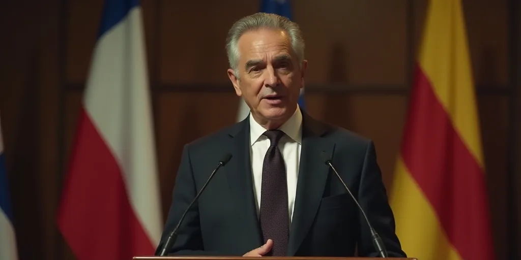 a man in a suit and tie giving a speech at a podium with flags behind him and a microphone in front