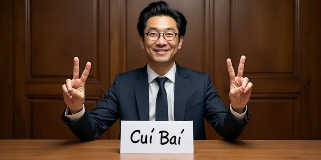 a man in a suit and tie giving a peace sign at a table with a sign that says tim cook, Cui Bai, face