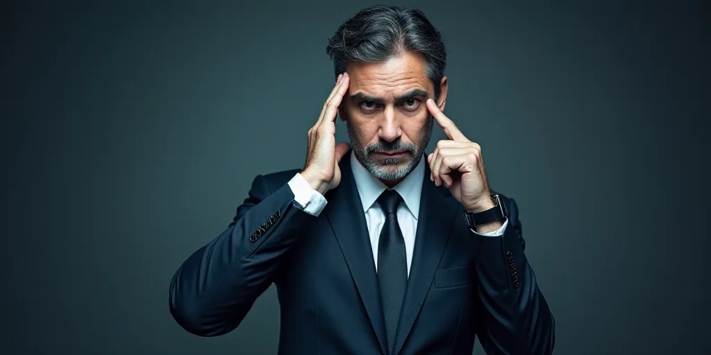 a man in a suit and tie holding his hand to his face with both hands and a finger on his temple, Est