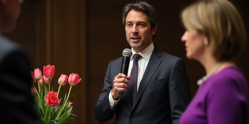 a man in a suit and tie holding a microphone in front of a woman in a purple sweater and a vase with