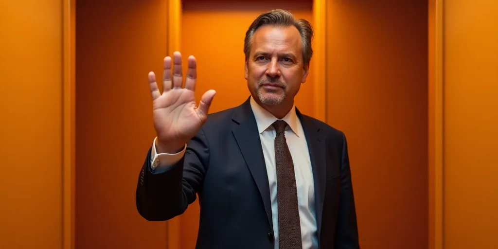 a man in a suit and tie is holding his hand up to the camera while standing in front of a door, Dona