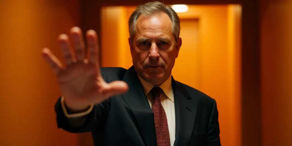 a man in a suit and tie is holding his hand up to the camera while standing in front of a door, Dona