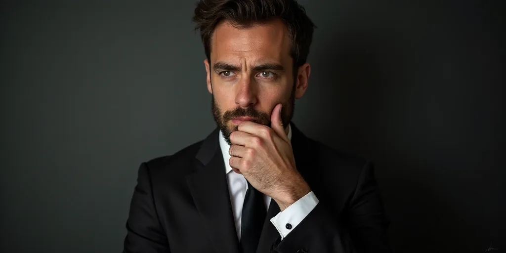 a man in a suit and tie is looking away from the camera with his hand on his chin and his hand to hi