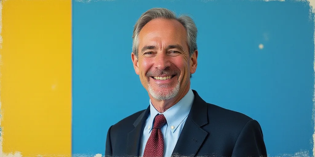 a man in a suit and tie is smiling for a picture with a blue background and a yellow border, Edward